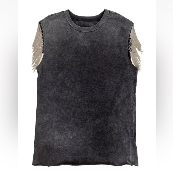 Silver Beaded Fringe Washed Black Grey Western T Shirt Tank Top NWOT Size M - Picture 2 of 9